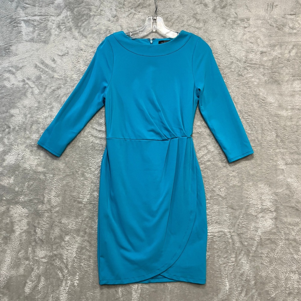 The Limited Sheath Dress Womens 0 Blue 3/4 Sleeve Faux Wrap Pleated Boat Neck